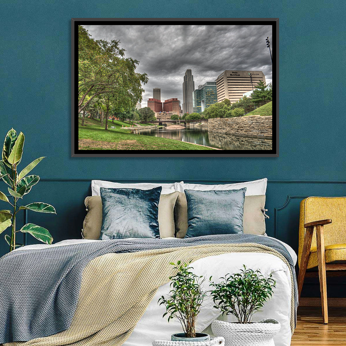 Omaha Skyline at Gene Leahy Mall Wall Art in a room, landscape