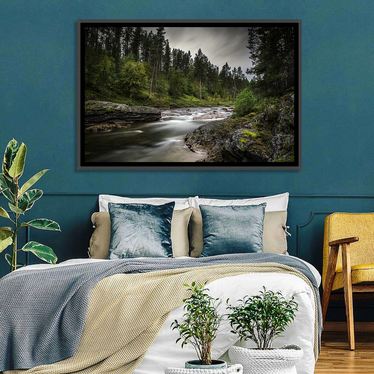 Mossy Forest Stream Wall Art in a room, landscape