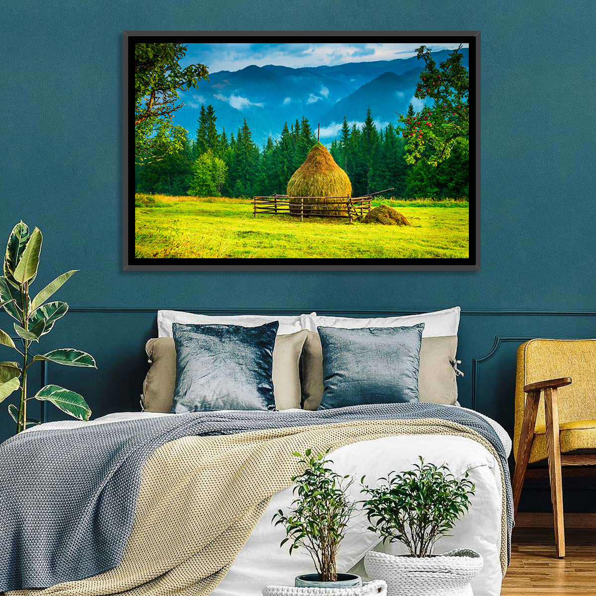 Haystack in Mountain Meadow Wall Art in a room, landscape