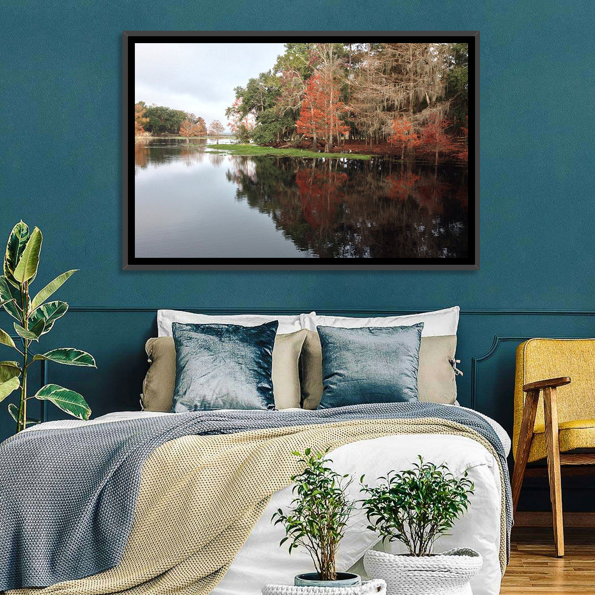Autumn Lake Reflection Wall Art in a room, landscape