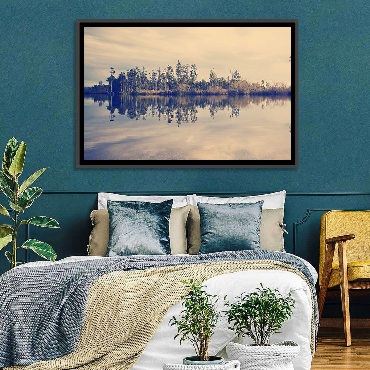 Sunset Over Forest Lake Wall Art in a room, landscape