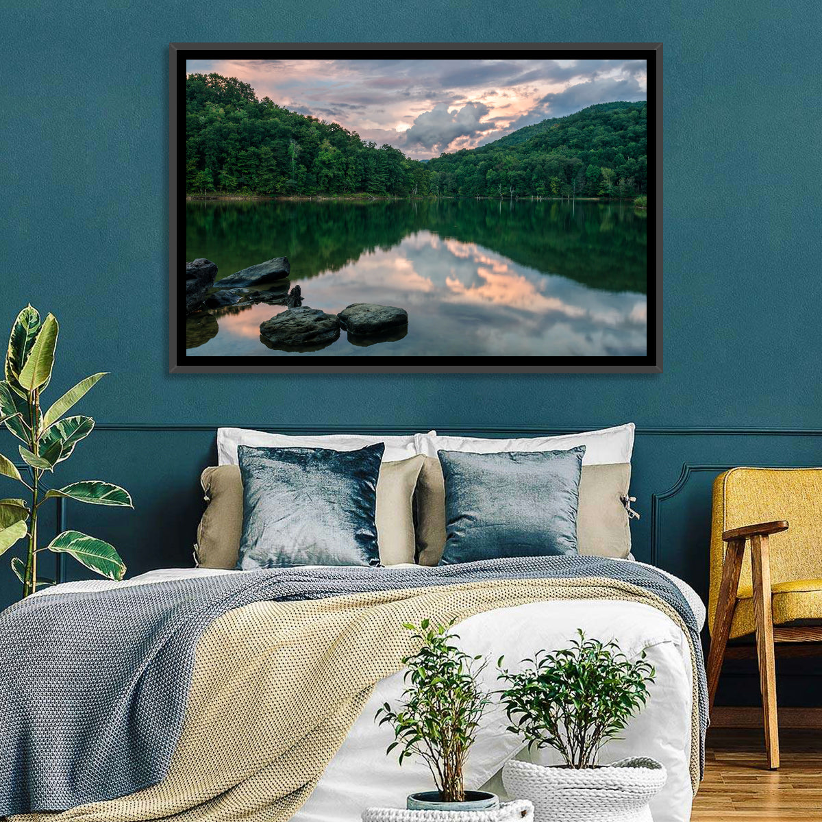 Martins Fork Lake Sunset Wall Art in a room, landscape