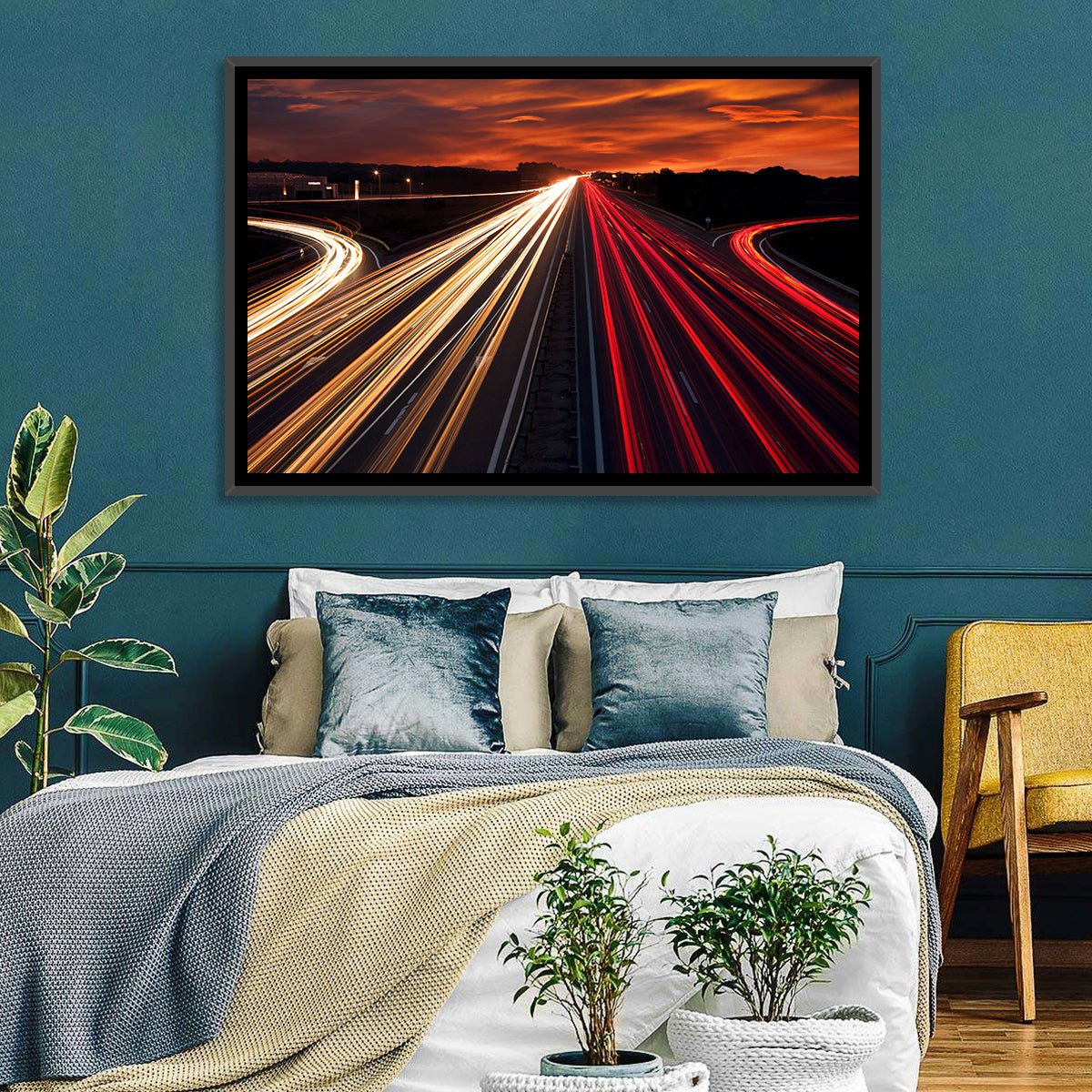 Sunset Highway Light Trails Wall Art in a room, landscape