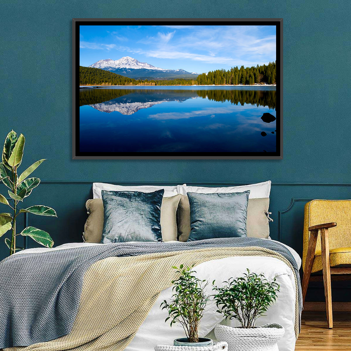 Northern California Snow Capped Lake Wall Art in a room, landscape