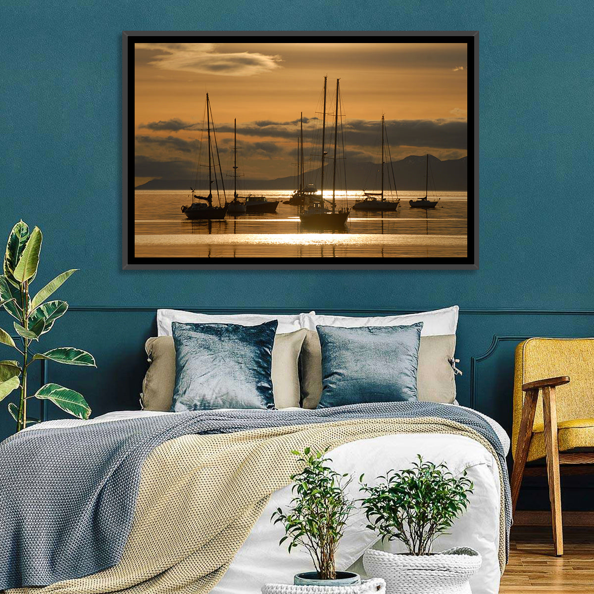 Sailboats at Sunrise Wall Art in a room, landscape