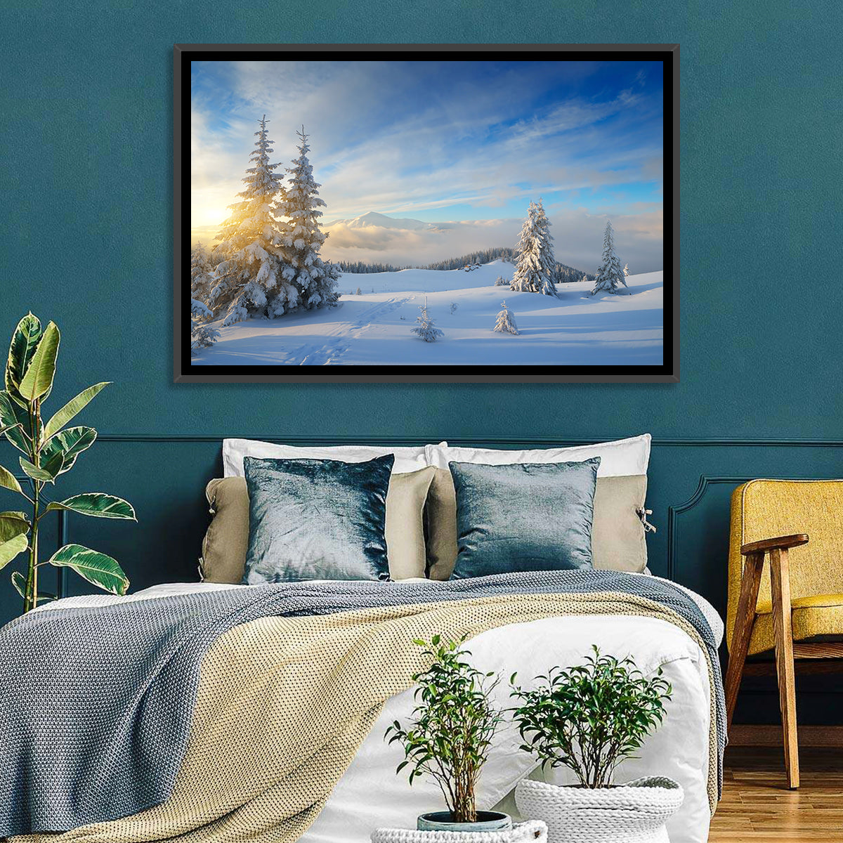 Carpathian Winter Sunrise Wall Art in a room, landscape