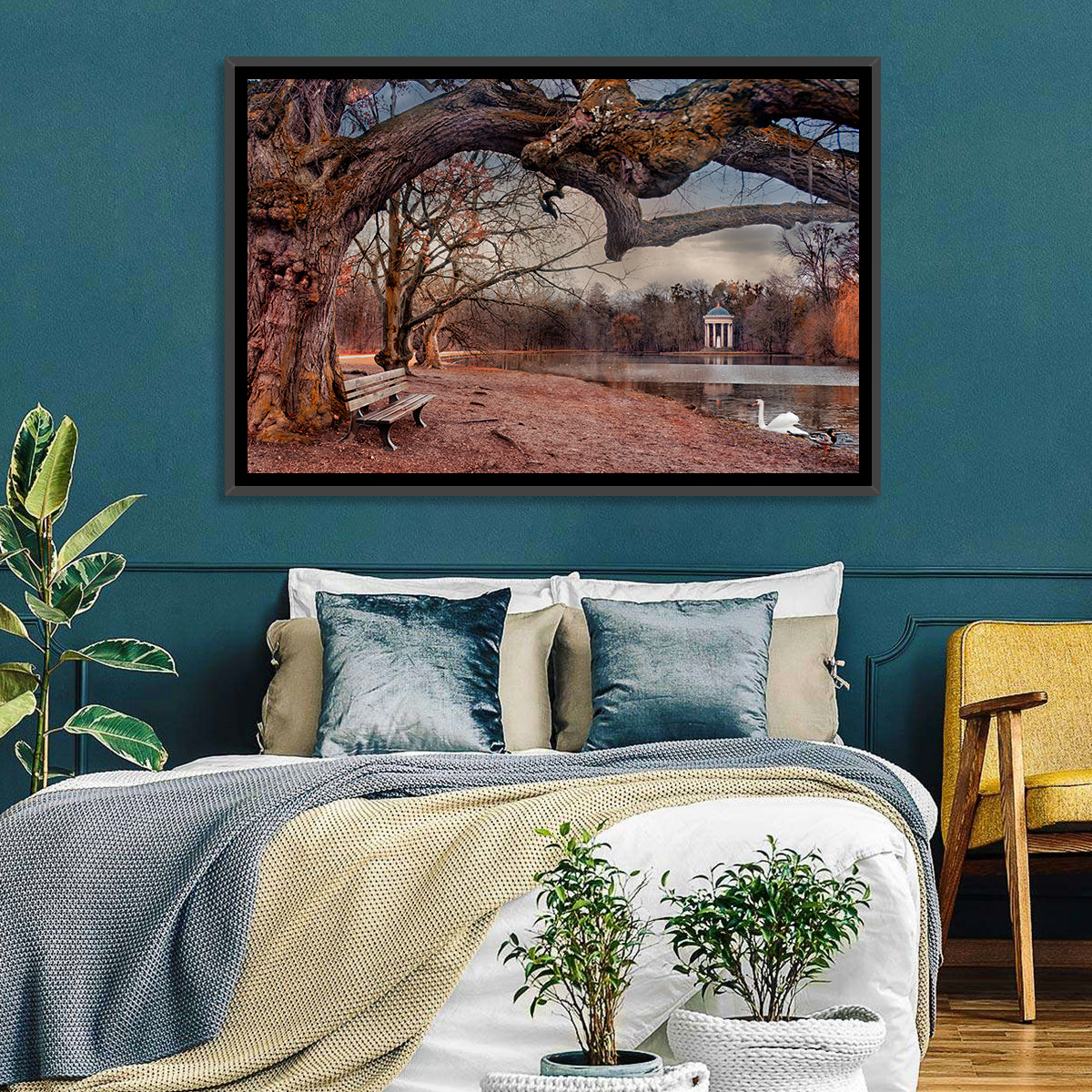 Autumn Pavilion with Swan Wall Art in a room, landscape