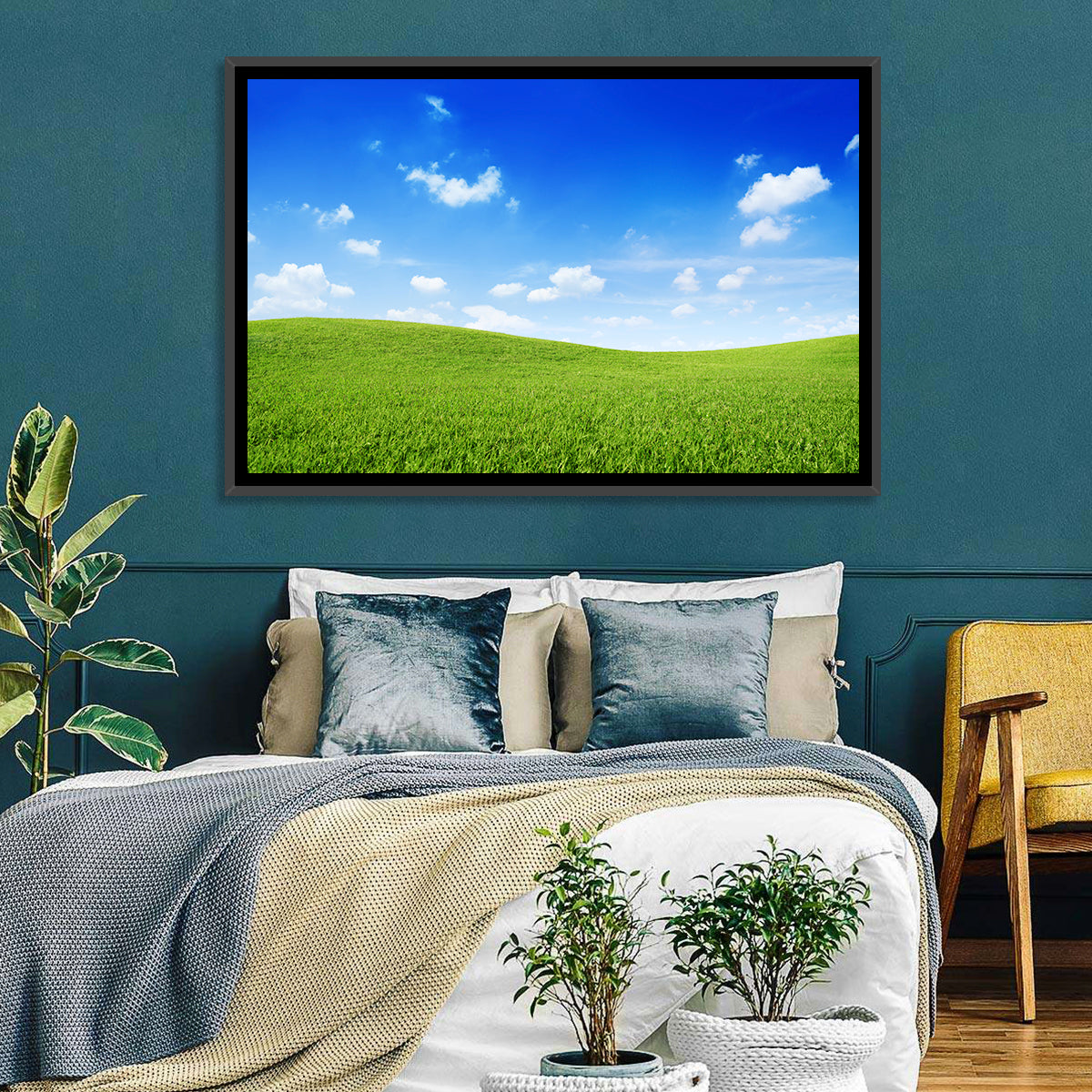 Rolling Green Meadow Under Blue Sky Wall Art in a room, landscape