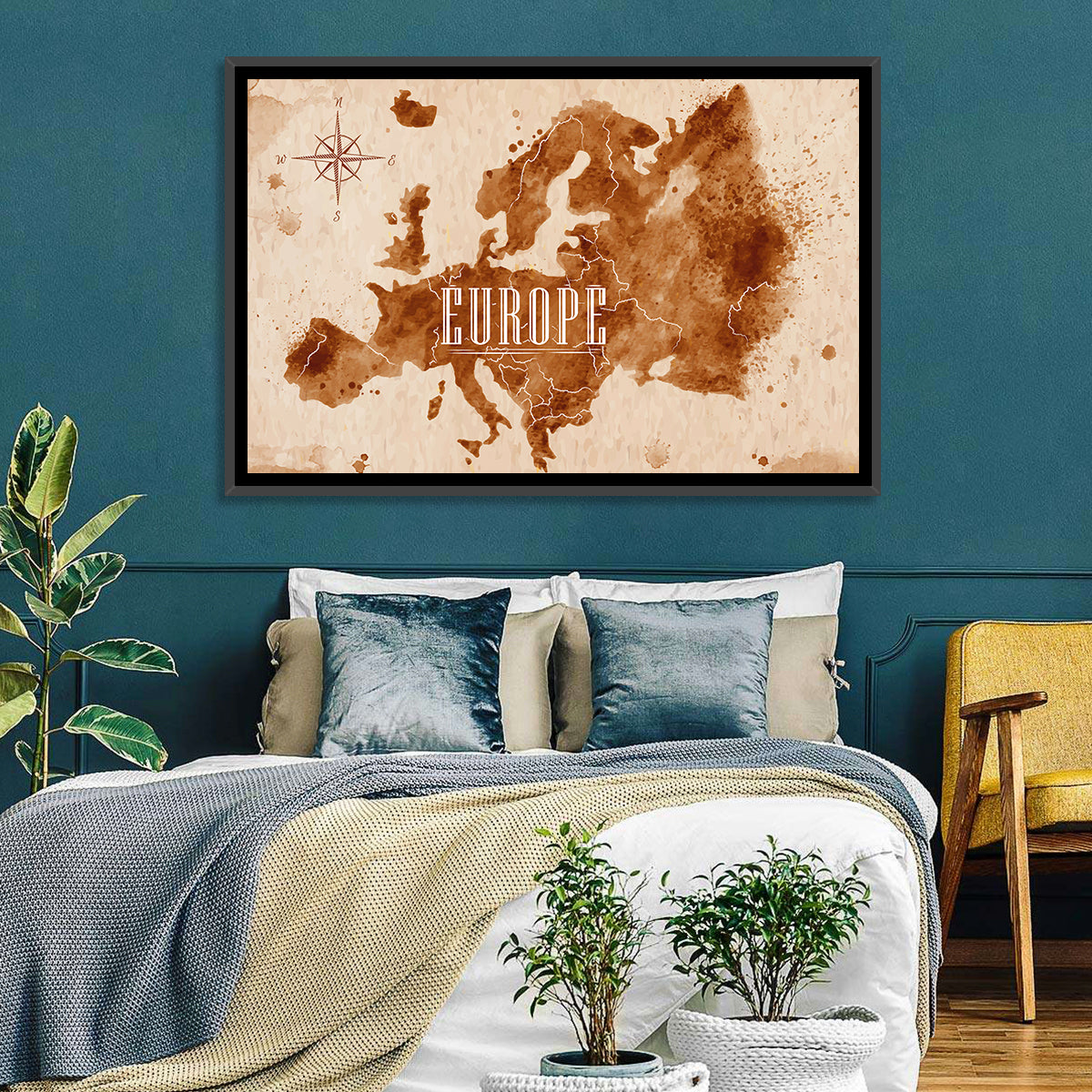 Retro Europe Map Wall Art in a room, landscape