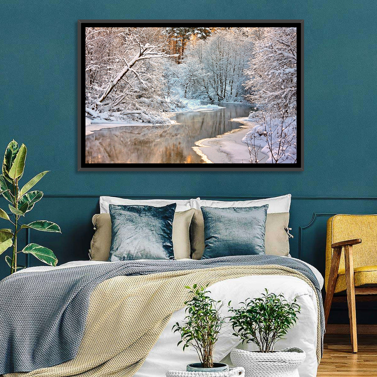 Snow-covered Stream at Golden Hour Wall Art
