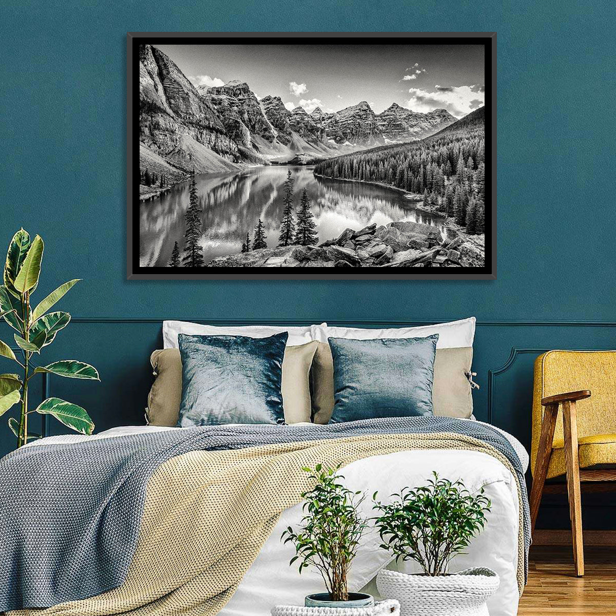 Moraine Lake Monochrome Mountain Landscape Wall Art in a room, landscape