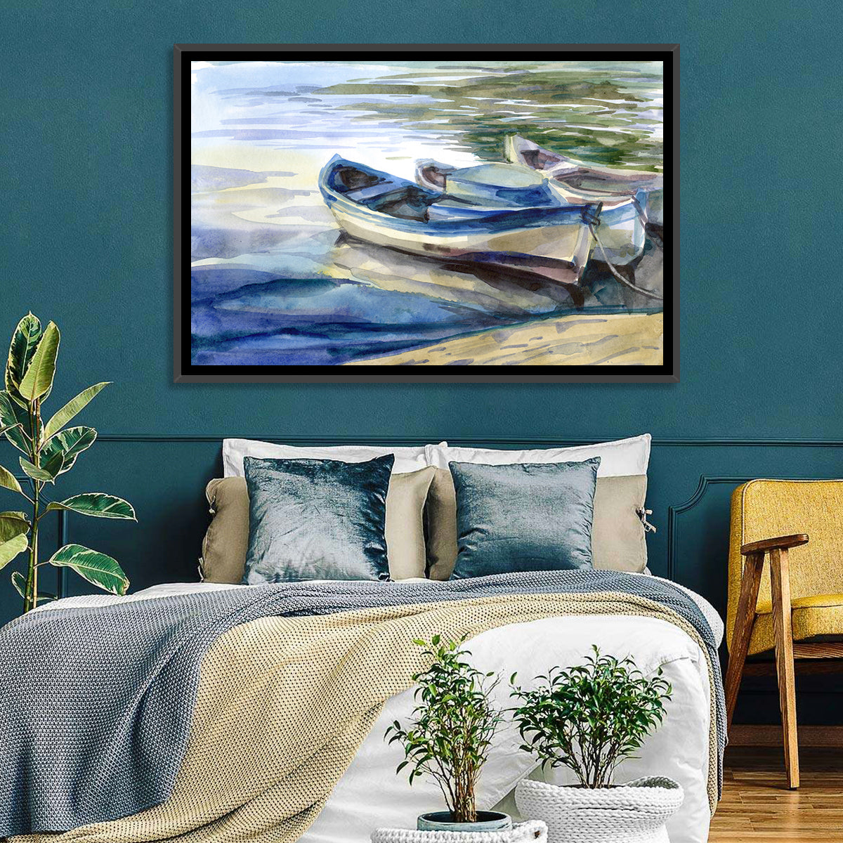 Watercolour Lake Boats Wall Art