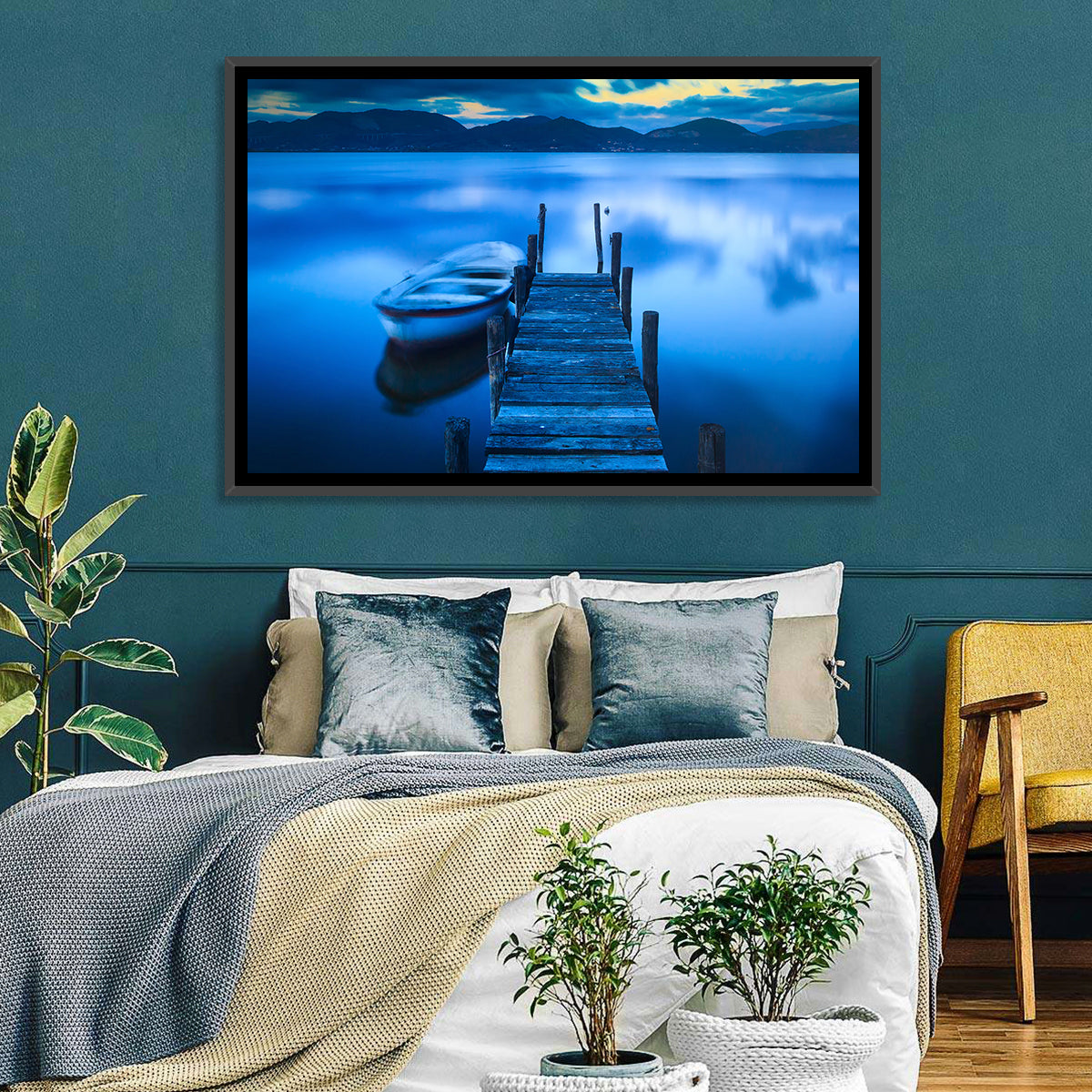 Boat and Wooden Pier Wall Art in a room, landscape
