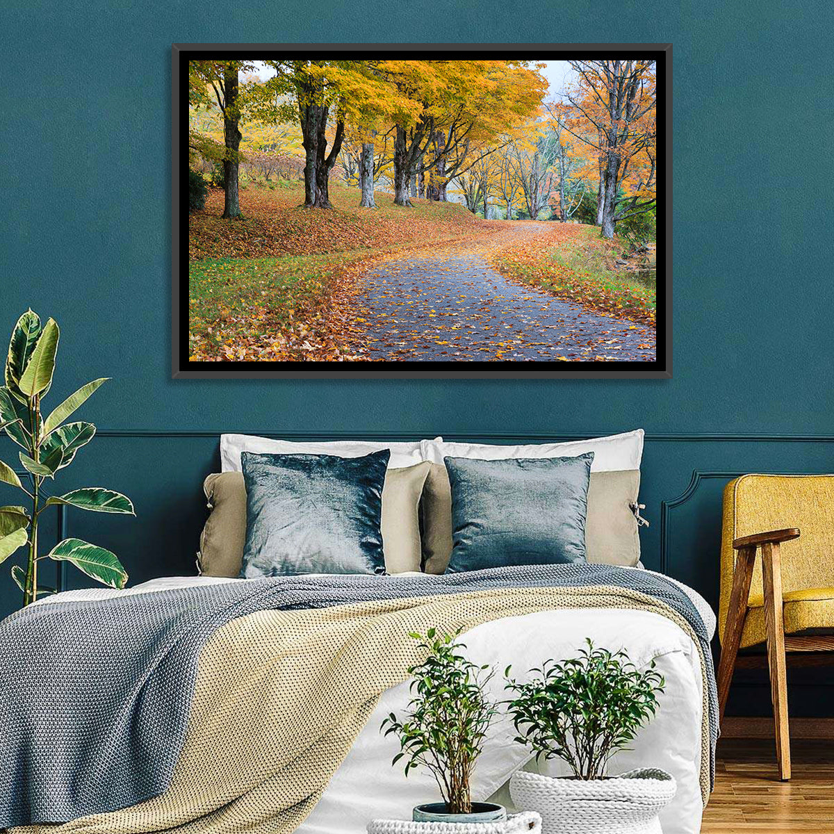 Autumn Road with Golden Canopy Wall Art in a room, landscape