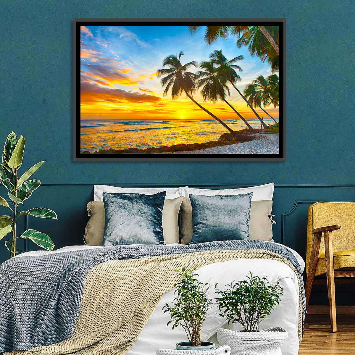 Palm Island Sunset Wall Art in a room, landscape