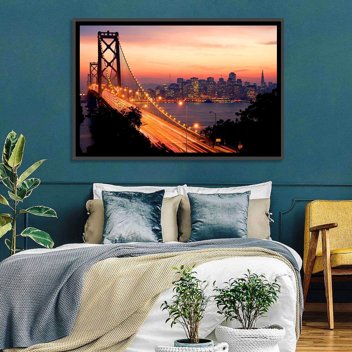 Bay Bridge Light Trails at Sunset Wall Art in a room, landscape