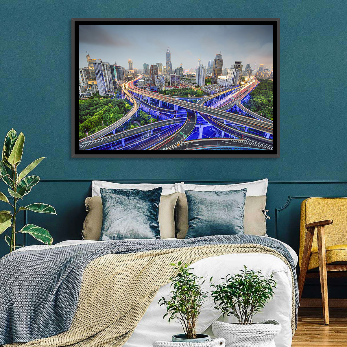 Shanghai Dusk Interchange Cityscape Wall Art in a room, landscape