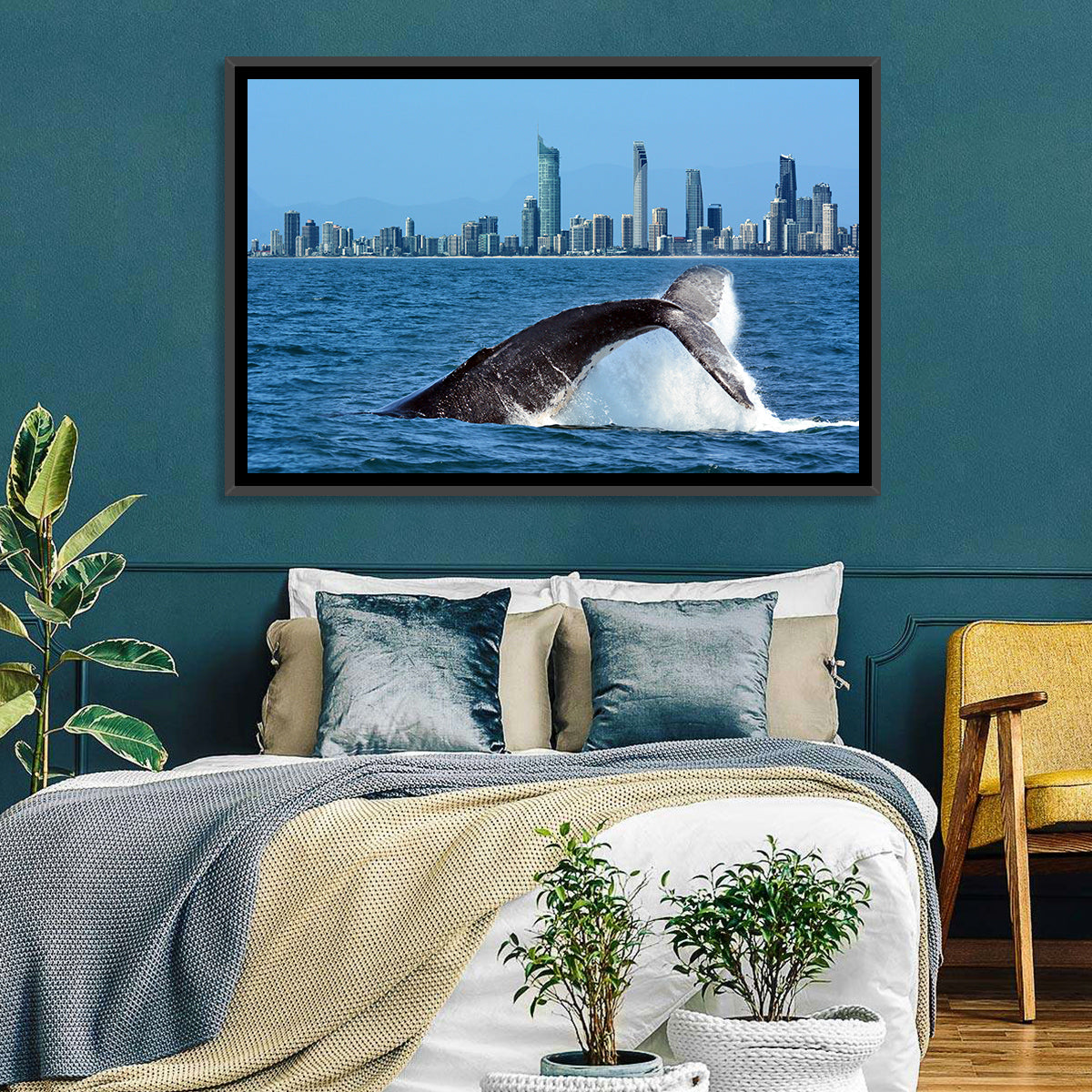 Gold Coast Whale and Skyline Wall Art in a room, landscape