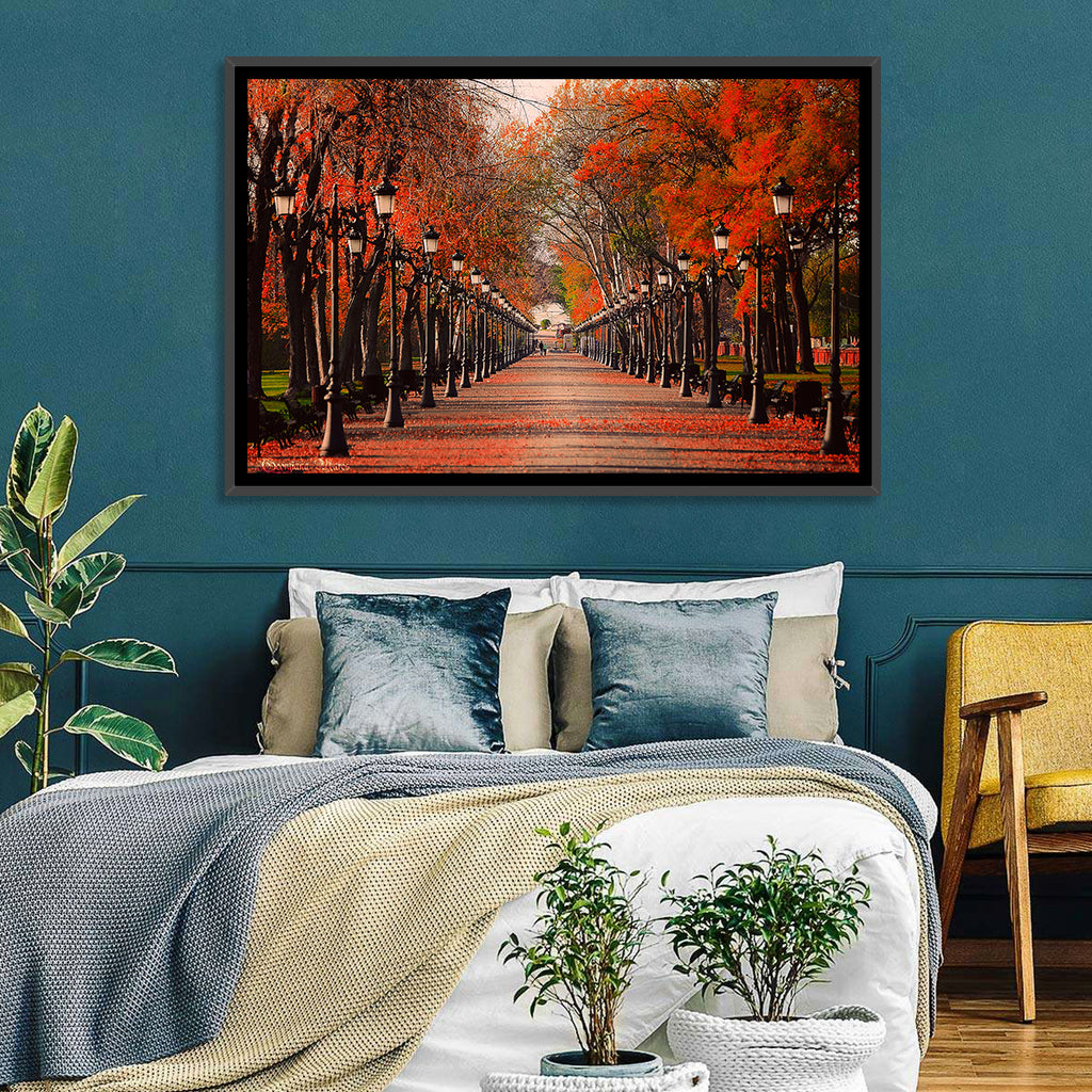 Autumn Park Path with Vintage Lampposts Wall Art
