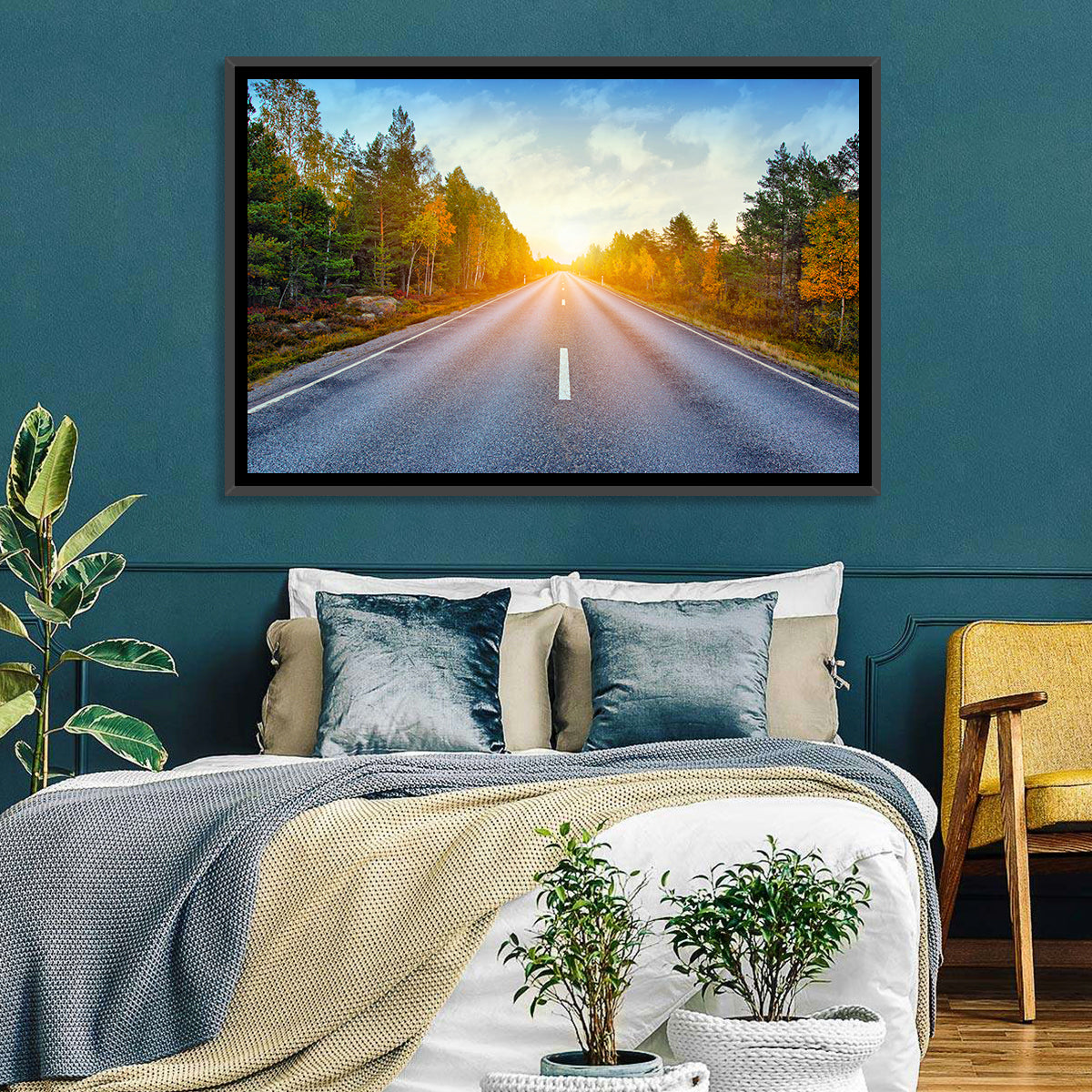 Sunlit Autumn Forest Road Wall Art in a room, landscape