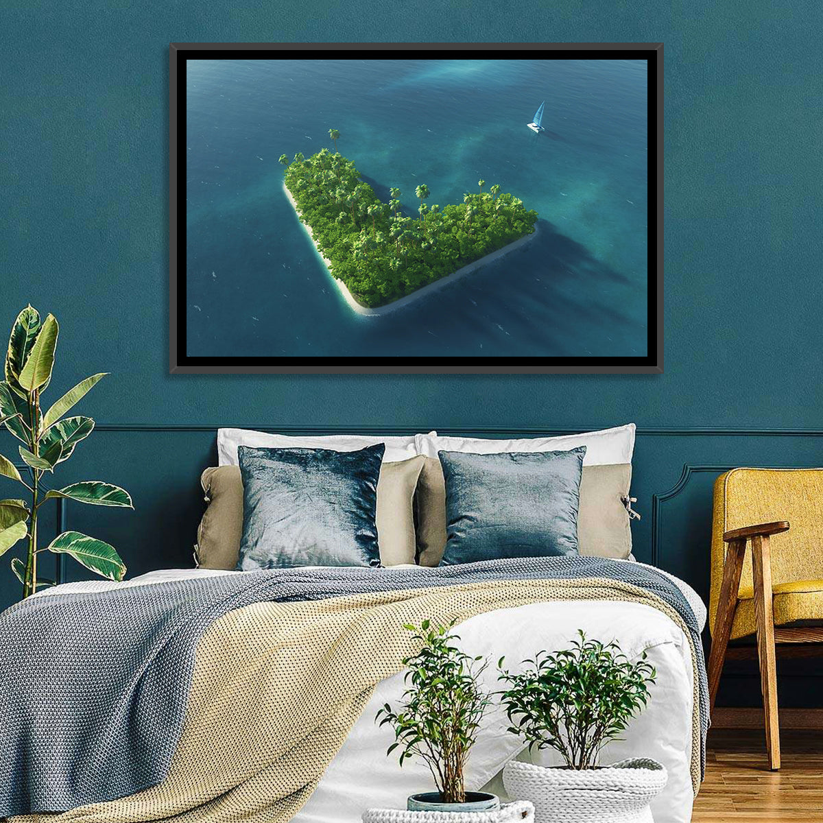 V-shaped Tropical Island with Distant Catamaran Wall Art in a room, landscape