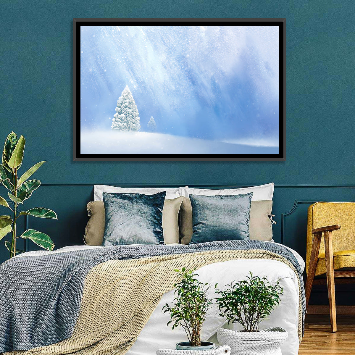 Two Snowy Evergreens Wall Art in a room, landscape