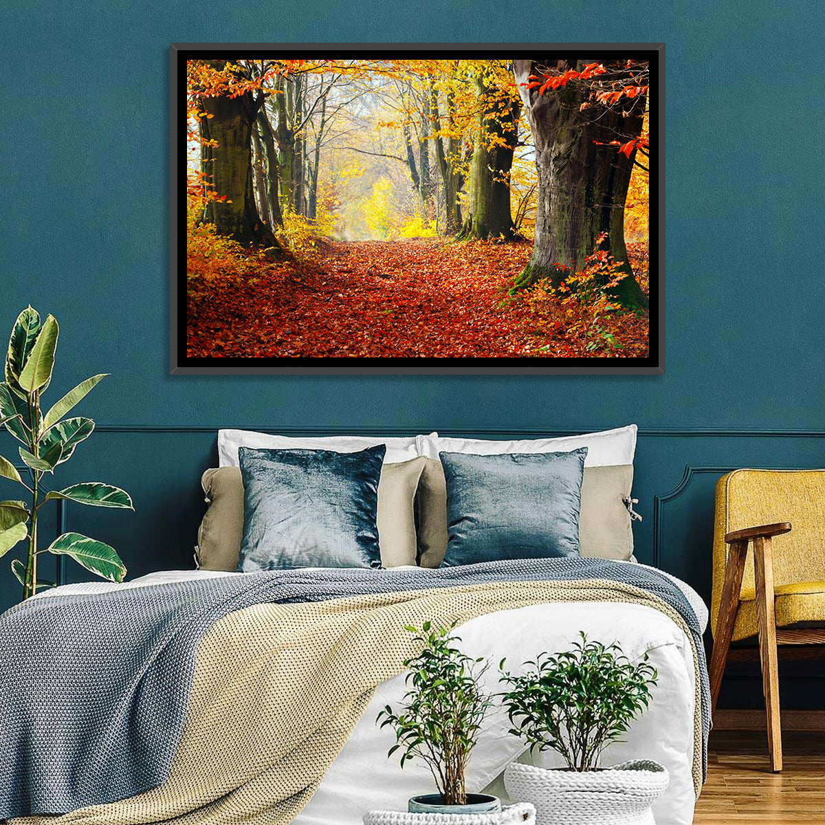 Misty Autumn Forest Path Wall Art in a room, landscape