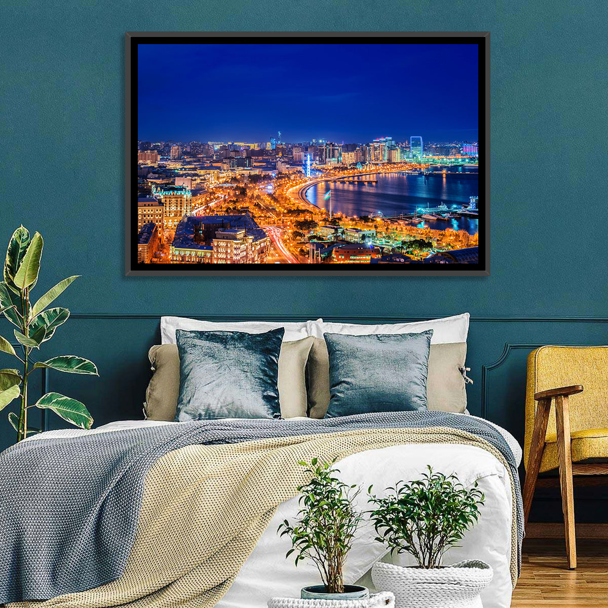 Baku Night Skyline Wall Art in a room, landscape