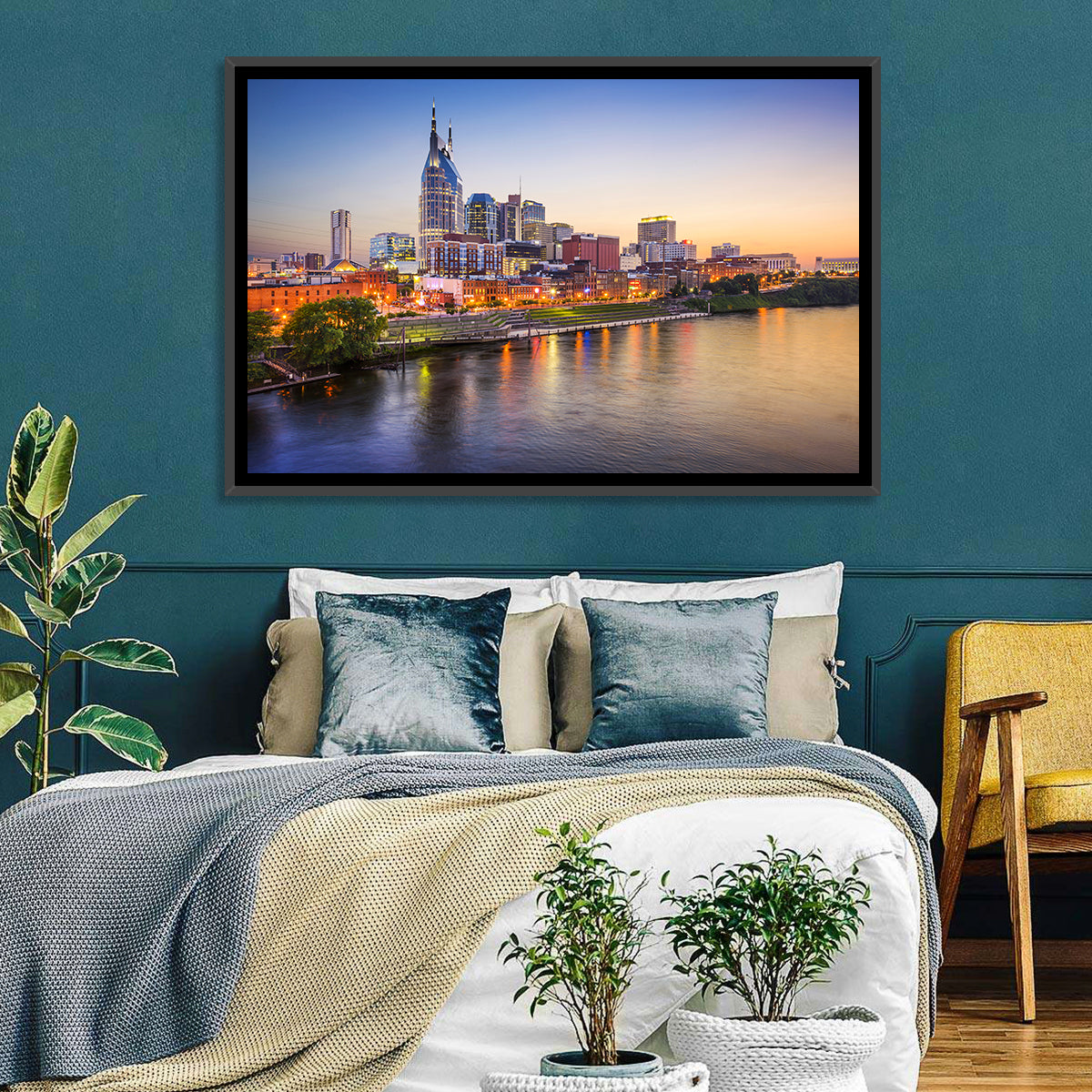 Nashville Skyline Over the Cumberland River Wall Art in a room, landscape
