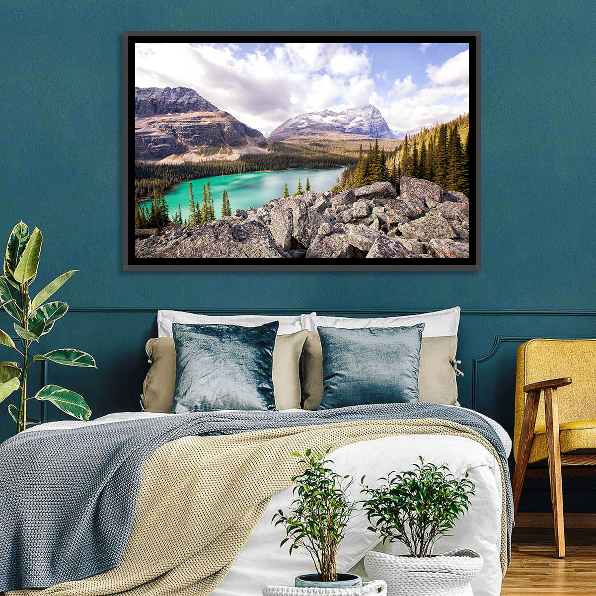 Lake Ohara Rocky Shore Wall Art in a room, landscape