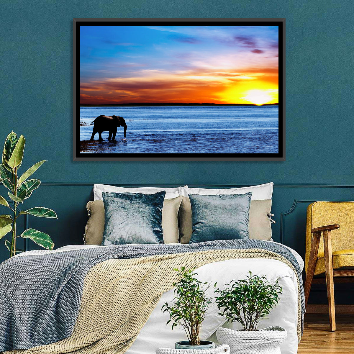Elephant Silhouette at Beach Sunset Wall Art in a room, landscape