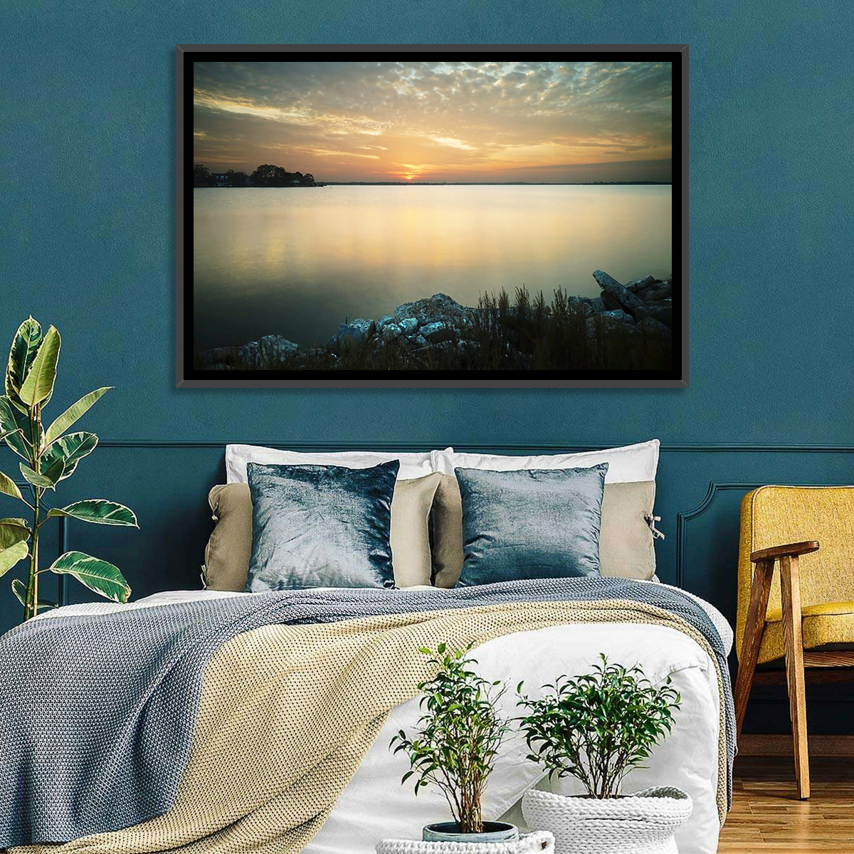 Lake Conroe Sunset Reflection Wall Art in a room, landscape