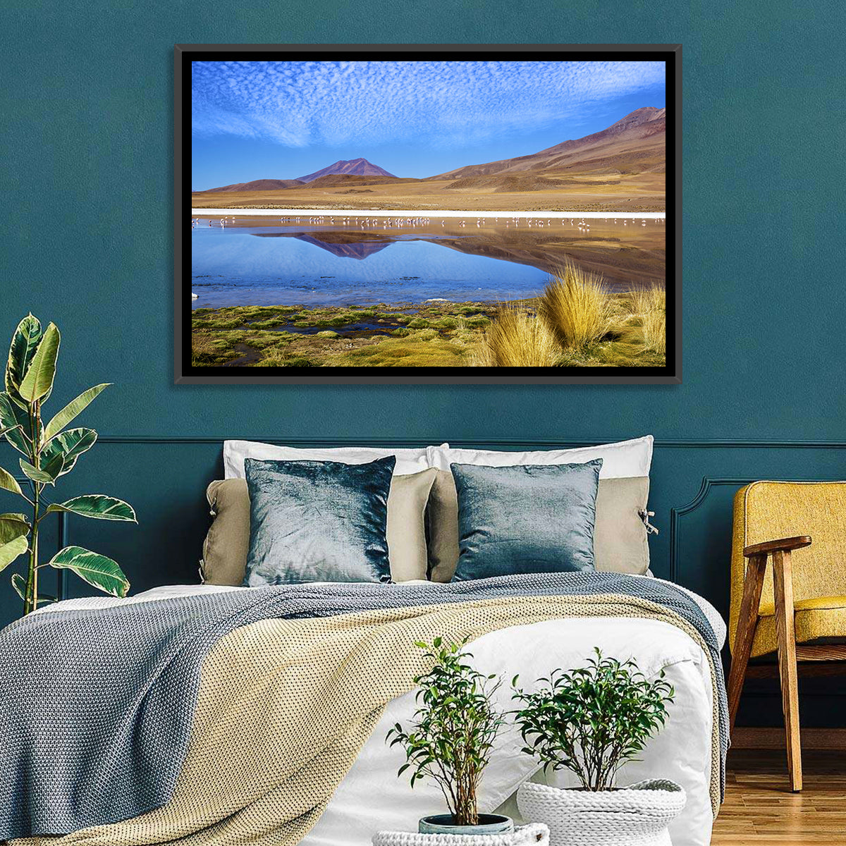 Red Lagoon Flamingo Reflection Wall Art in a room, landscape