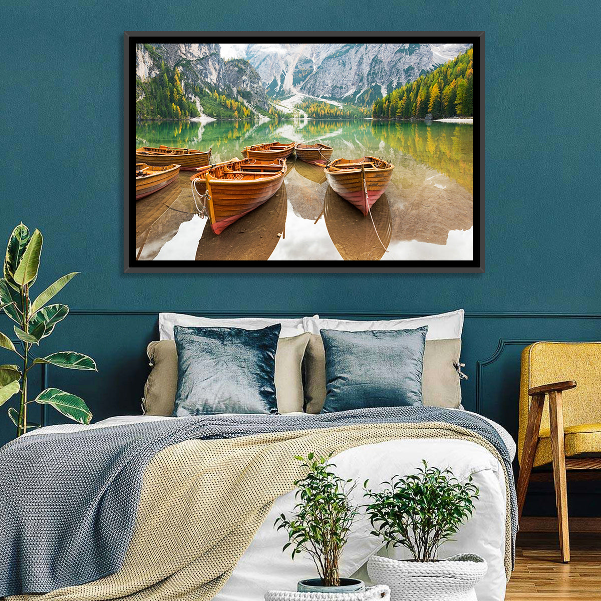 Rowboats on Lake Braies Wall Art in a room, landscape