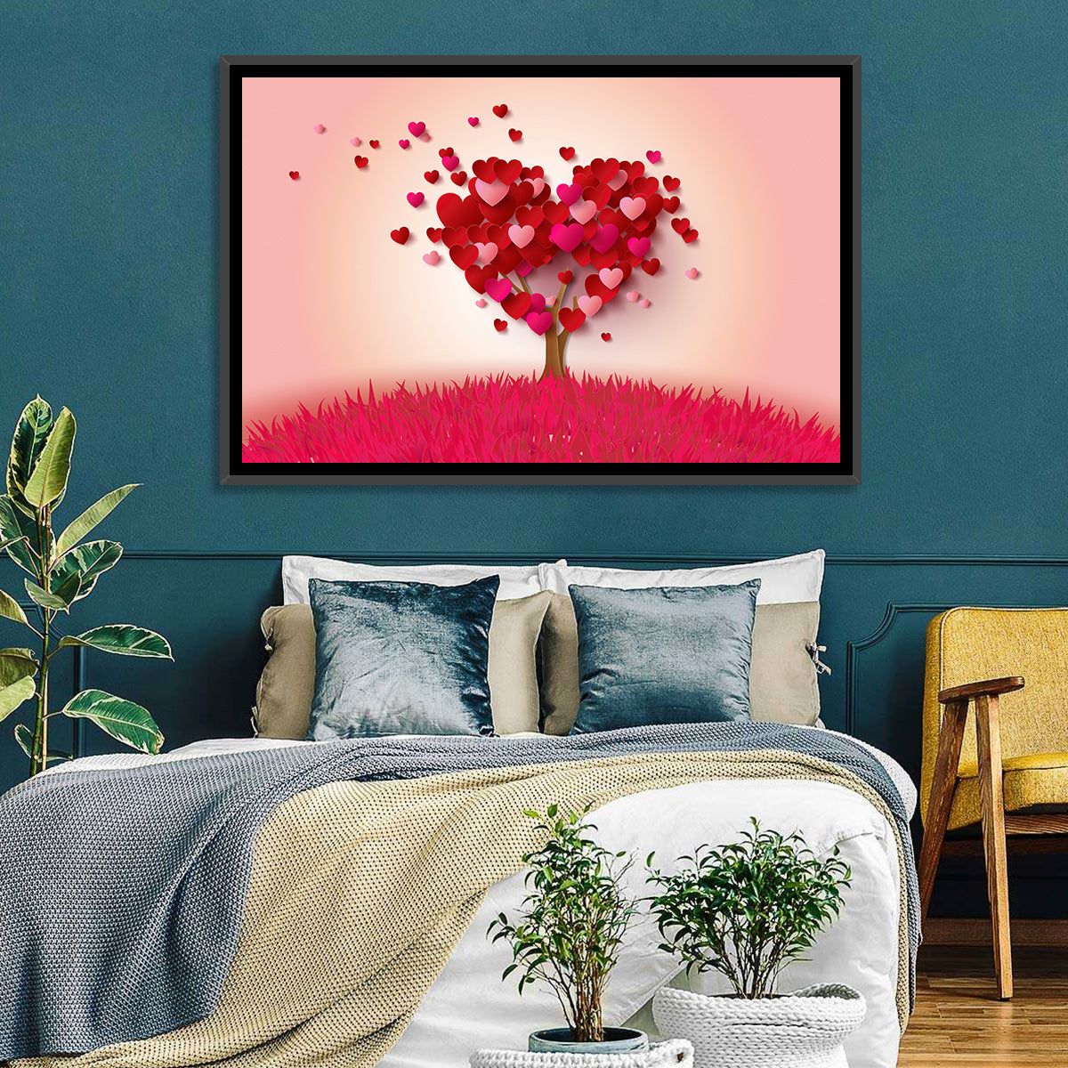 Whimsical Heart Tree Illustration Wall Art in a room, landscape