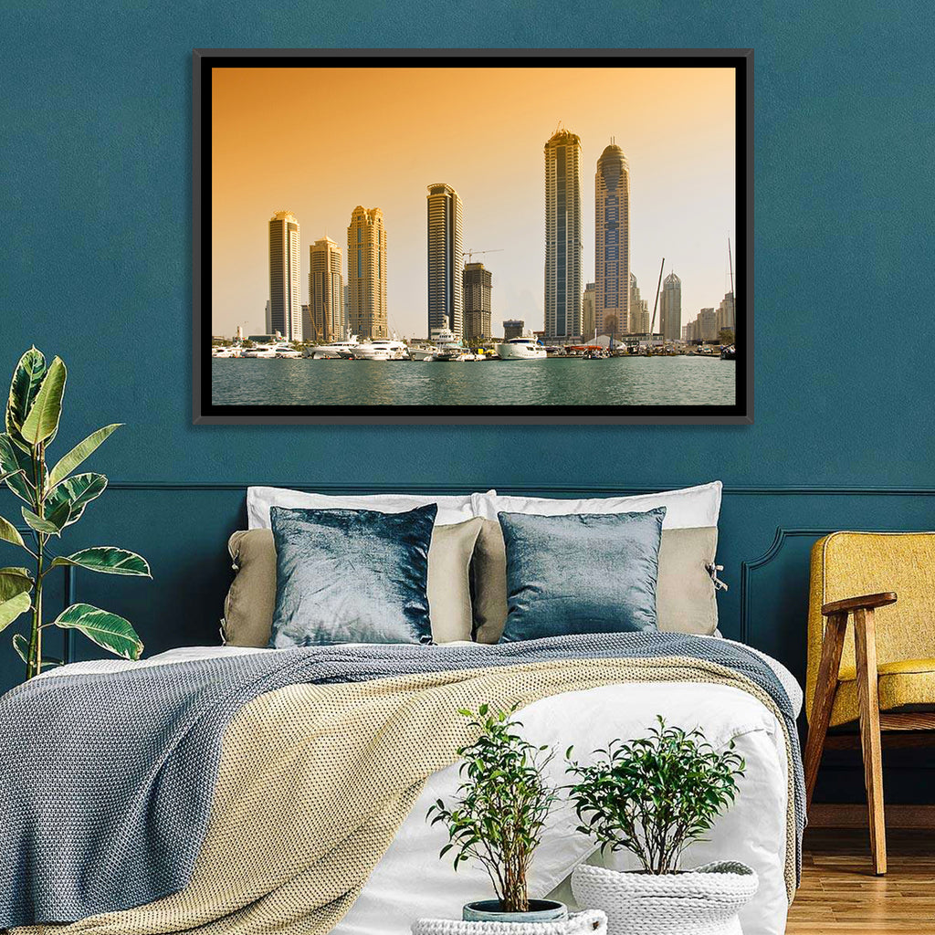 Dubai Marina Sunset Skyline with Yachts Wall Art