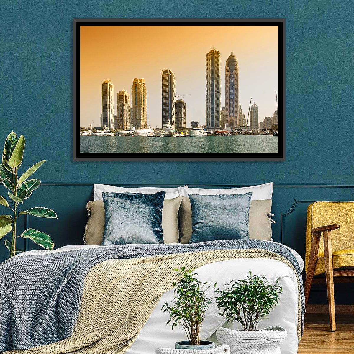 Dubai Marina Sunset Skyline with Yachts Wall Art in a room, landscape