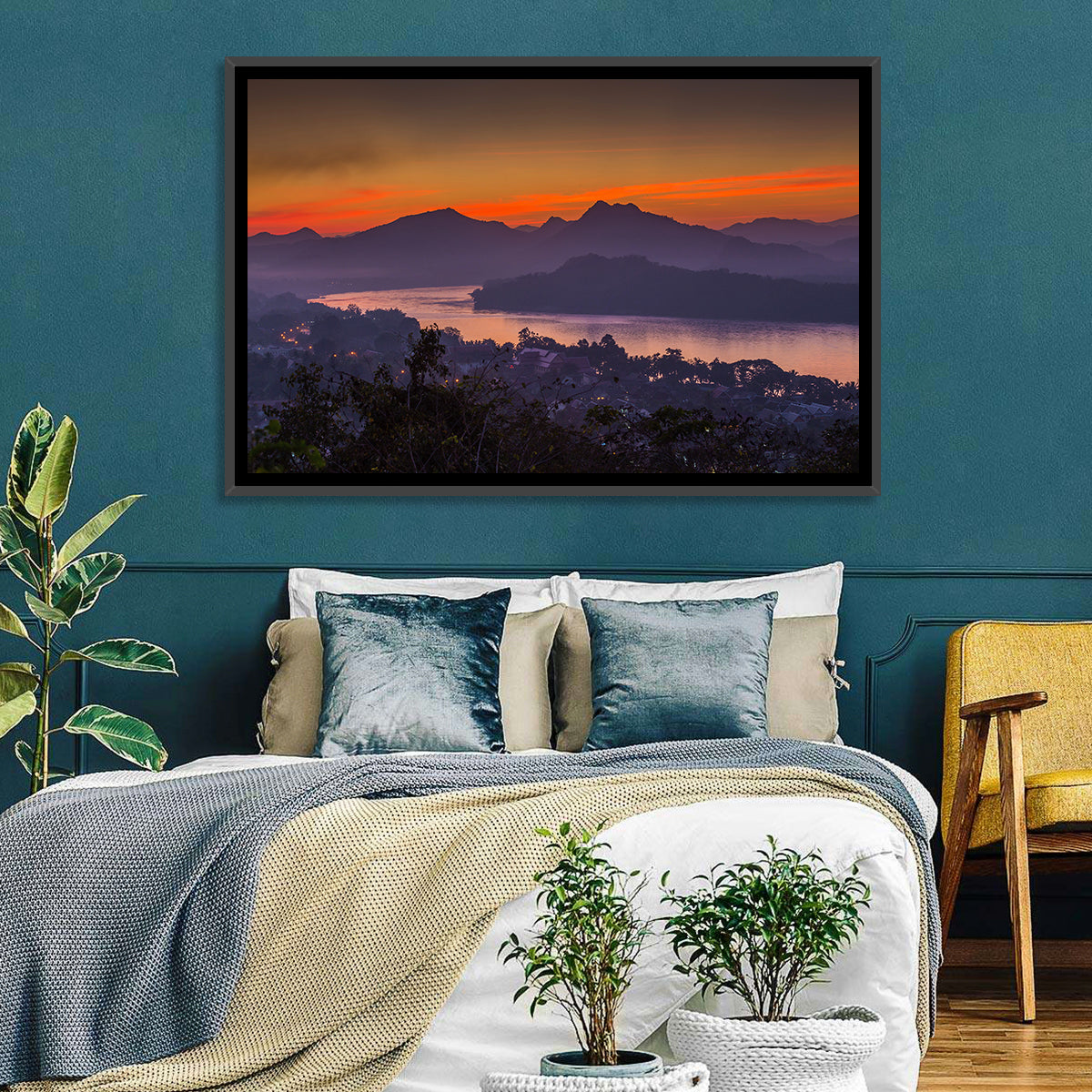 Luang Prabang Sunset Over Mekong Wall Art in a room, landscape
