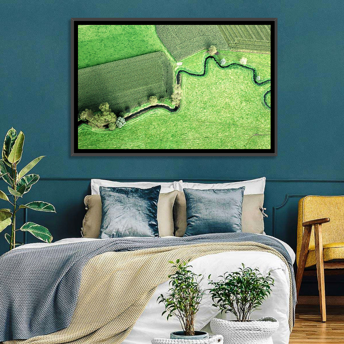 Meandering Stream Over Farmland Wall Art in a room, landscape