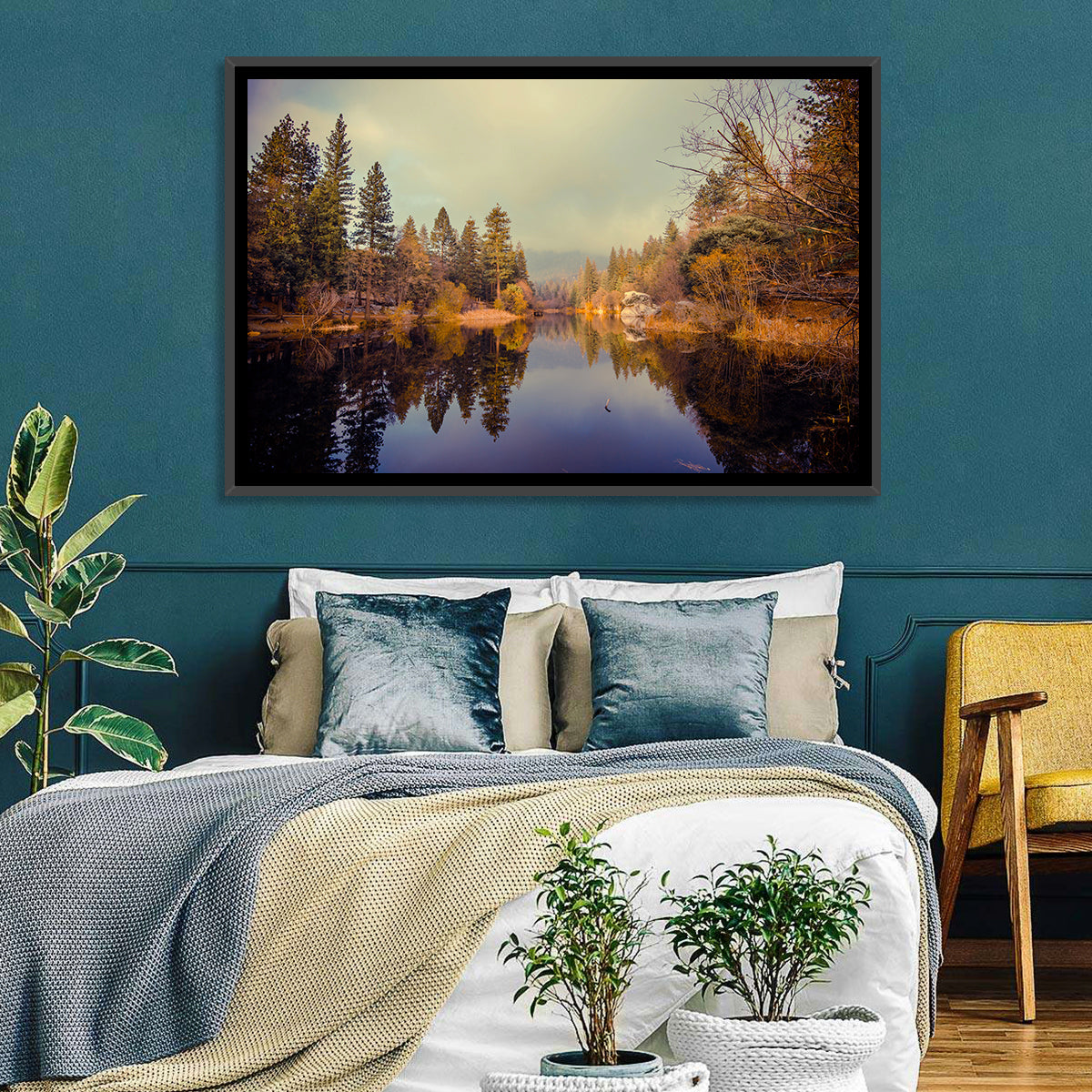 Misty Lake Fulmor Reflection Wall Art in a room, landscape
