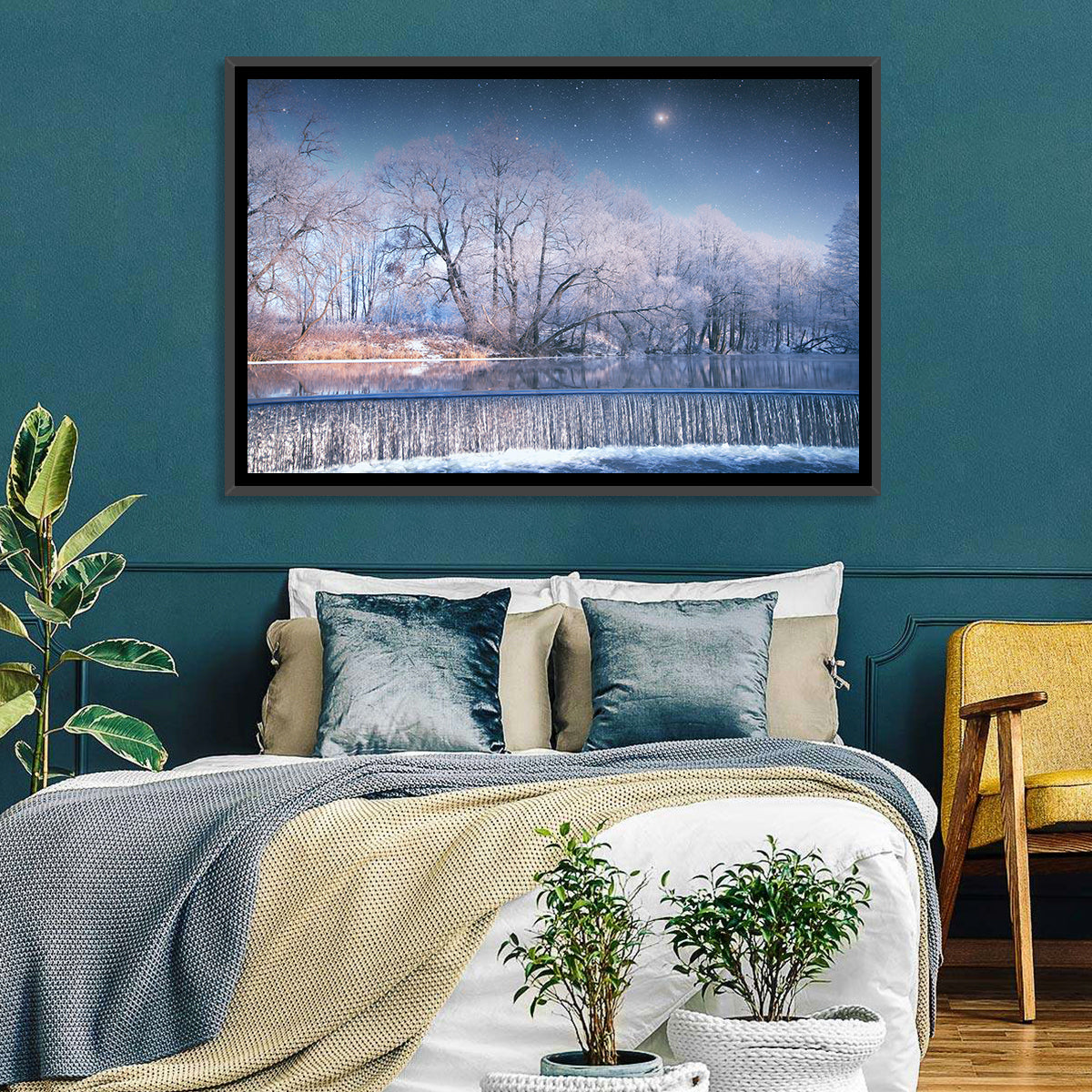 Starlit Winter Waterfall Wall Art in a room, landscape