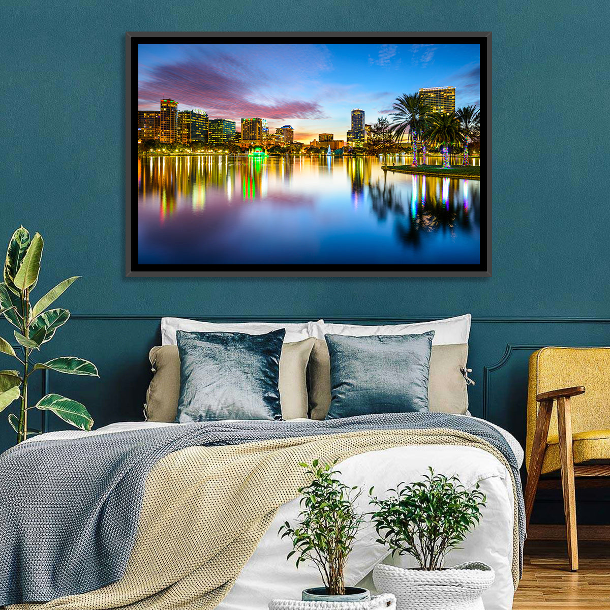 Orlando Lake Eola Skyline Wall Art in a room, landscape