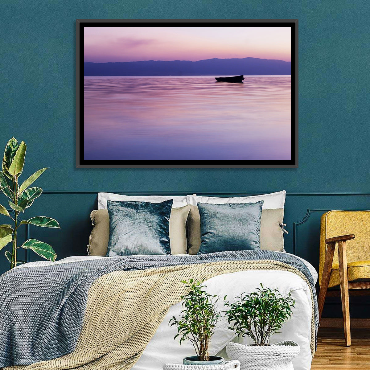 Lavender Lake Ohrid Sunset Wall Art in a room, landscape