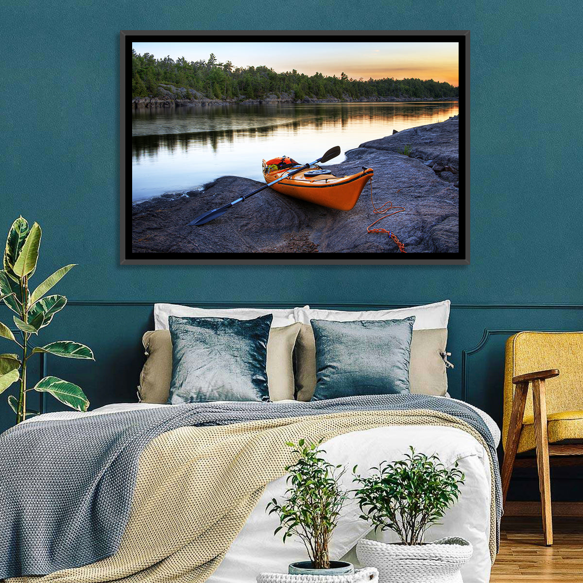Orange Kayak on Rocky Shore Wall Art in a room, landscape