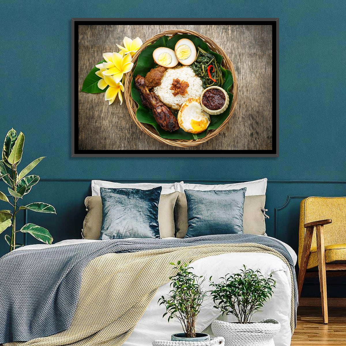 Nasi Campur in Woven Basket Wall Art in a room, landscape