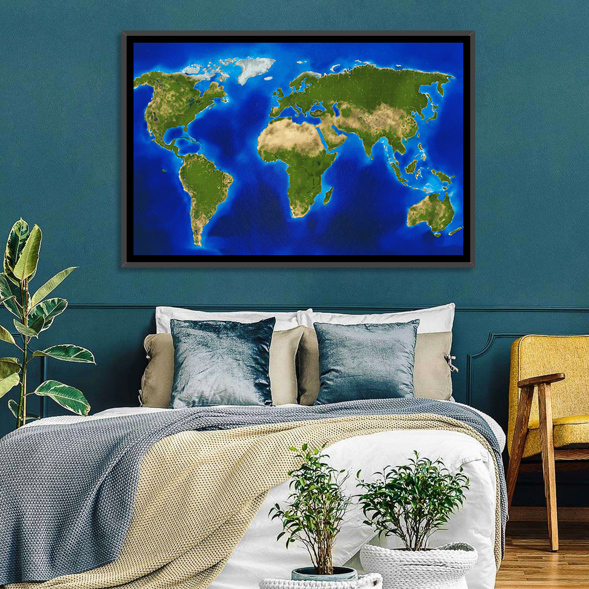Satellite-style Blue World Map Wall Art