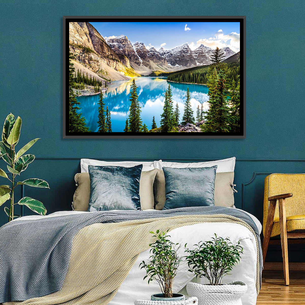 Moraine Lake Reflections Wall Art in a room, landscape