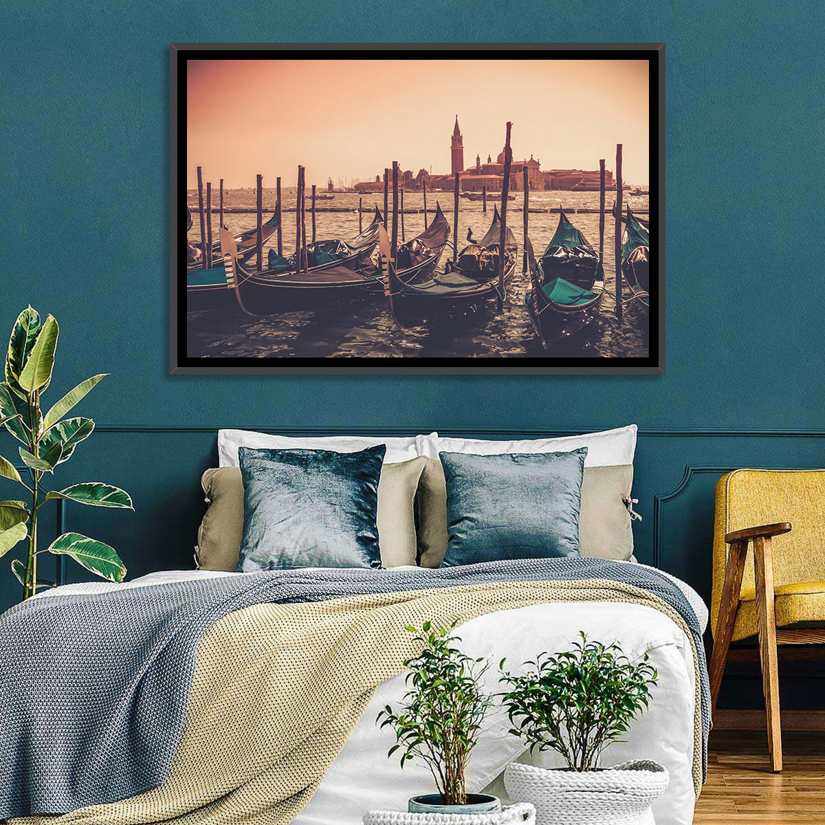 Venetian Gondolas at Dusk Wall Art in a room, landscape
