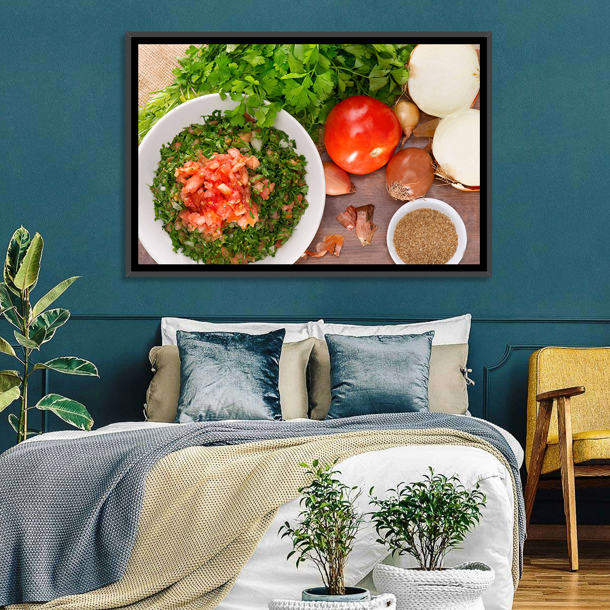 Top-down Tabbouleh Salad Wall Art in a room, landscape