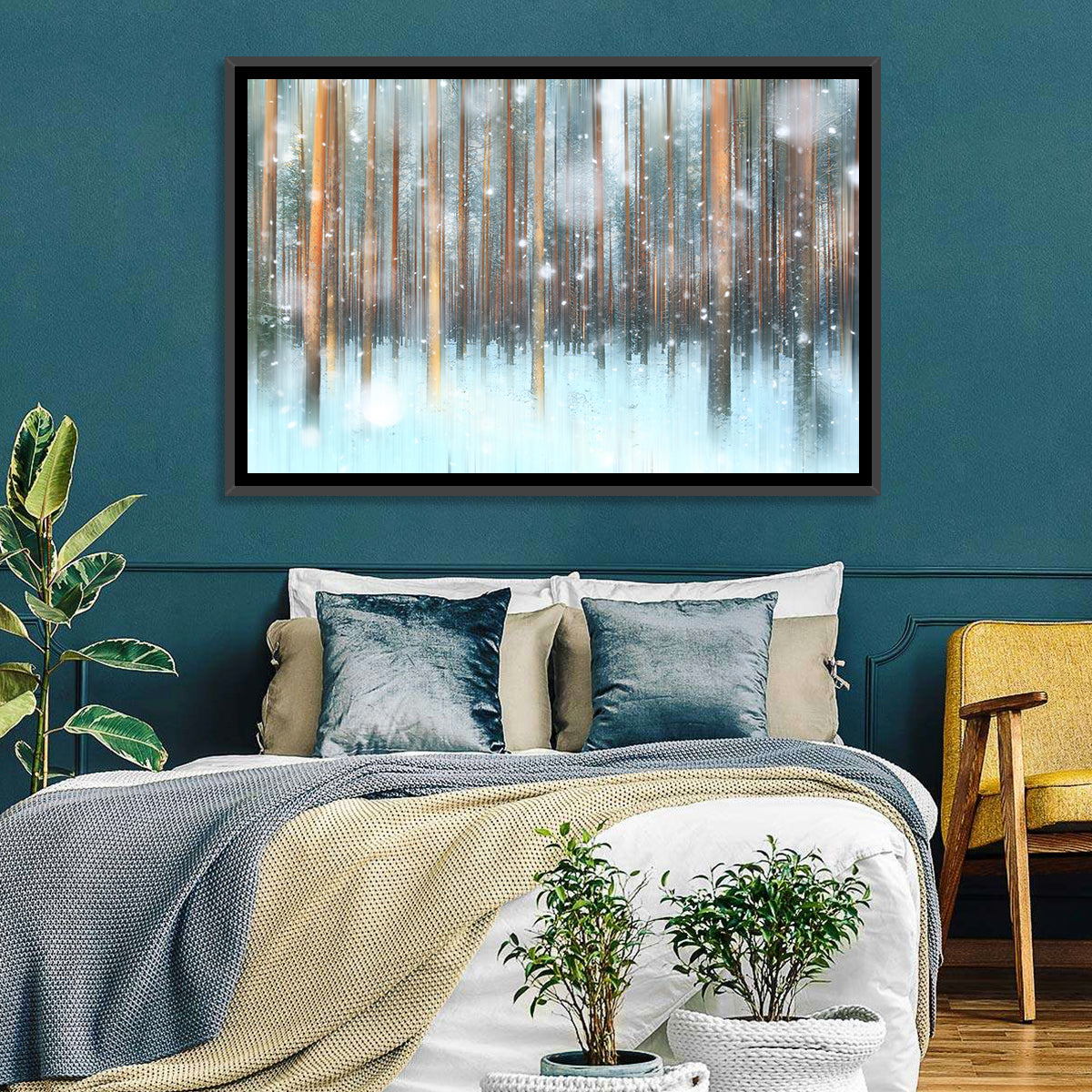 Ethereal Snowy Pine Forest Wall Art in a room, landscape